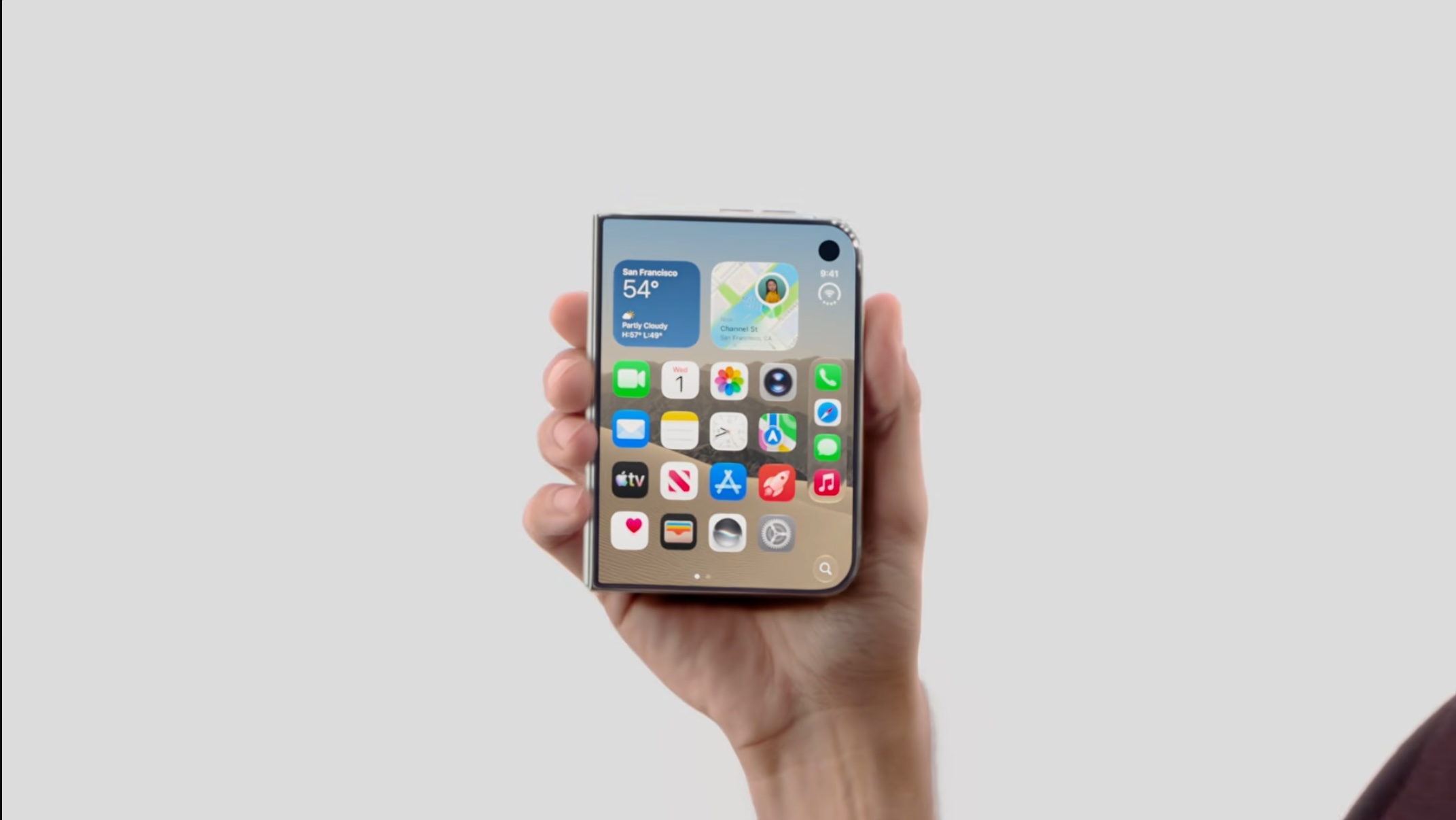 iPhone Duo folded, showing the 5.4-inch cover display with widgets and app icons